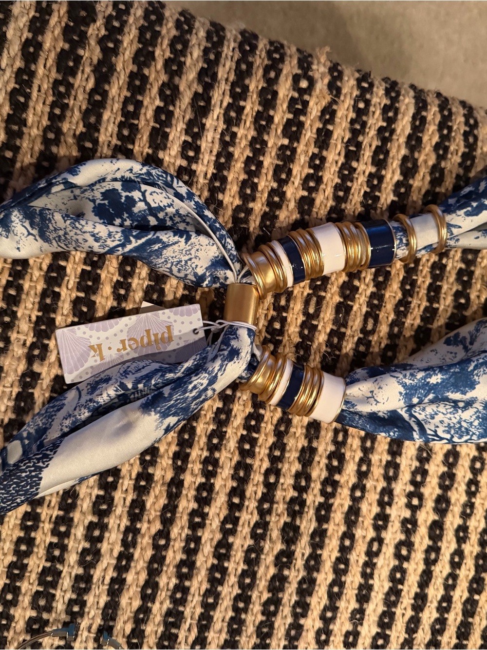 Piper Blue & White Scarf Necklace with Gold Rings